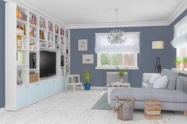 3D render bir İskandinav Nordic apartment - oturma odası