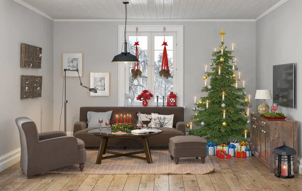 nordic bir oturma odası Noel dekorasyonu ve Noel ağacı ile 3D render.