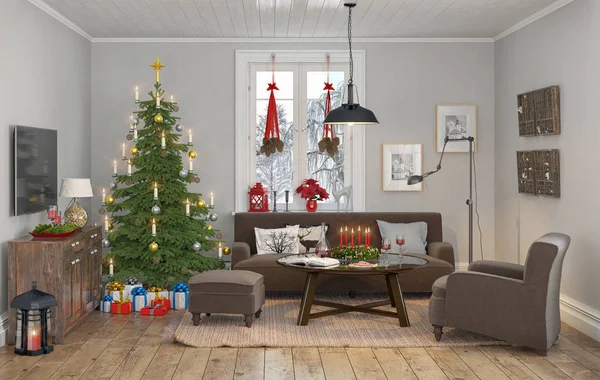 nordic bir oturma odası Noel dekorasyonu ve Noel ağacı ile 3D render.