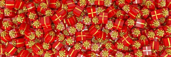 Render Cajas Regalo Navidad Rojas Con Cintas Oro Panorama —  Fotos de Stock