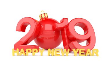 3D render kırmızı beyaz arka plan ve mesaj mutlu yeni yıl altın - 2019 yılın bir Noel top - temsil yeni yıl 2019 sıfırdır