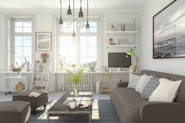 3D render bir İskandinav Nordic apartment - oturma odası