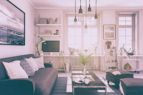 Render Bir Skandinav Nordic Apartment Oturma Odası Retro Görünüm — Stok fotoğraf