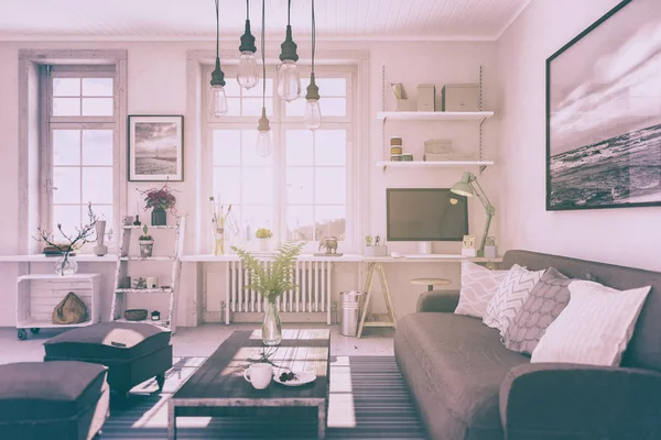 Render Scandinavian Nordic Apartment Living Room Retro Look — Stock Photo, Image