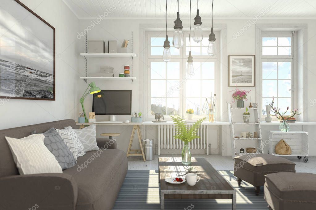 3d render of a Scandinavian, Nordic apartment - living room