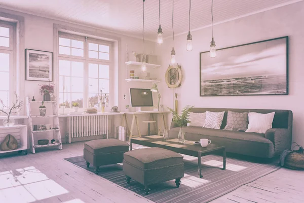 Render Bir Skandinav Nordic Apartment Oturma Odası Retro Görünüm — Stok fotoğraf