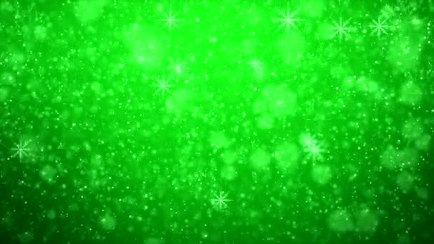 Vídeo Animación Copos Nieve Cayendo Sobre Partículas Brillantes Luz Verde — Vídeo de stock