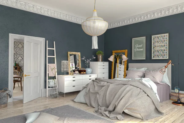 Render Scandinavian Nordic Bedroom Large Bed Interior Concept — Stock Photo, Image