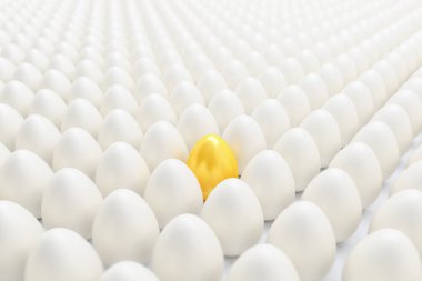 çok sayıda beyaz yumurta ve bir altın yumurta ortasında 3D render