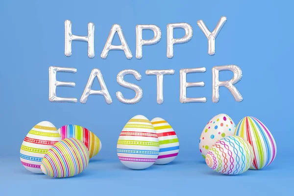 Renderizado Ocho Coloridos Huevos Pascua Pintados Mensaje Feliz Pascua Como — Foto de Stock