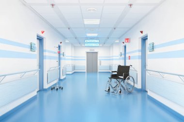 3d render of a corridor in a hospital. There is a wheelchair in the corridor. clipart