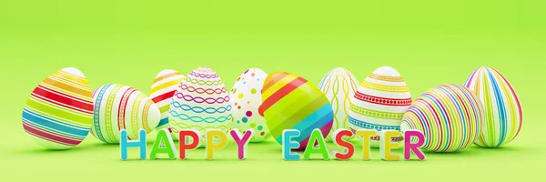 Renderizado Diez Coloridos Huevos Pascua Pintados Mensaje Feliz Pascua Sobre — Foto de Stock