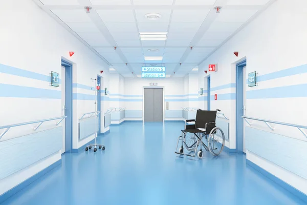 Renderização Corredor Hospital Uma Cadeira Rodas Corredor — Fotografia de Stock