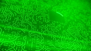 bir baskılı devre kartı yeşil bir Cpu merkezi işlem birimi yonga seti ve ileti AI yapay zeka teknolojisi ile videoanimation. -Elektronik ve teknoloji kavramı - alan derinliği