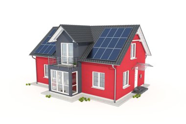 güneş paneli beyaz zemin üzerine kırmızı bir ev 3D render