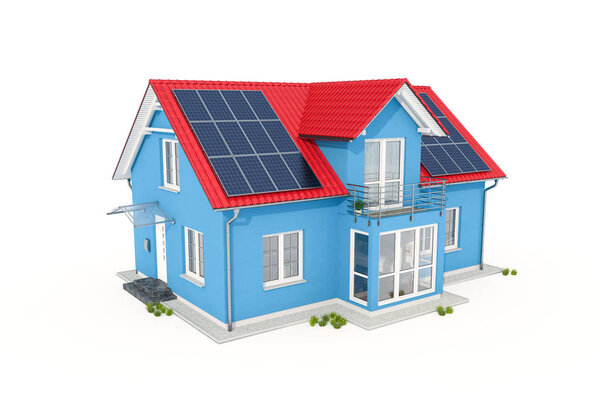 3d render of a blue house with solar panel on white background