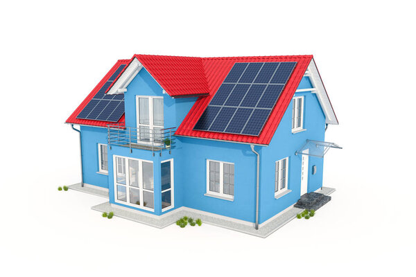 3d render of a blue house with solar panel on white background