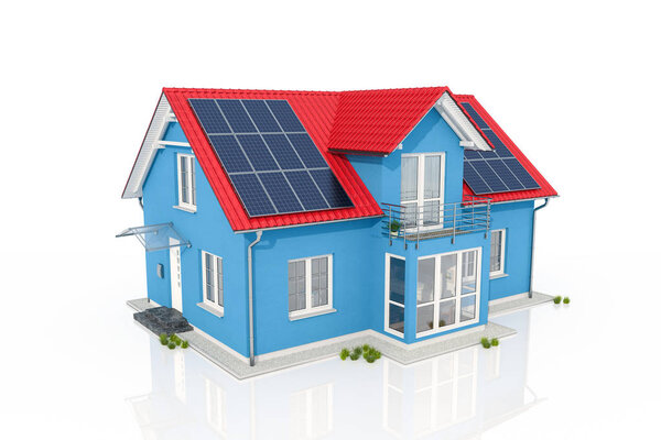 3d render of a blue house with solar panel on white reflective background