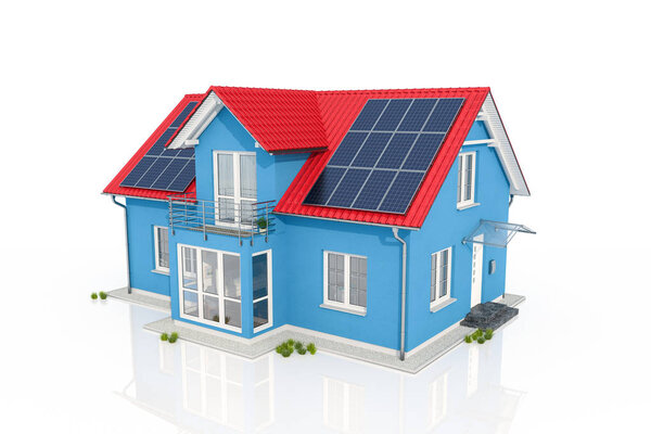 3d render of a blue house with solar panel on white reflective background