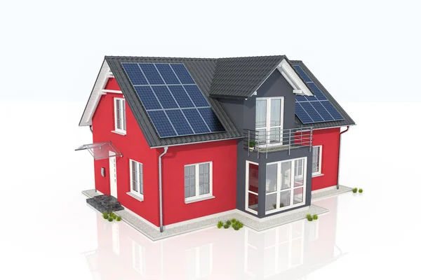 Renderização Uma Casa Vermelha Com Painel Solar Fundo Reflexivo Branco — Fotografia de Stock