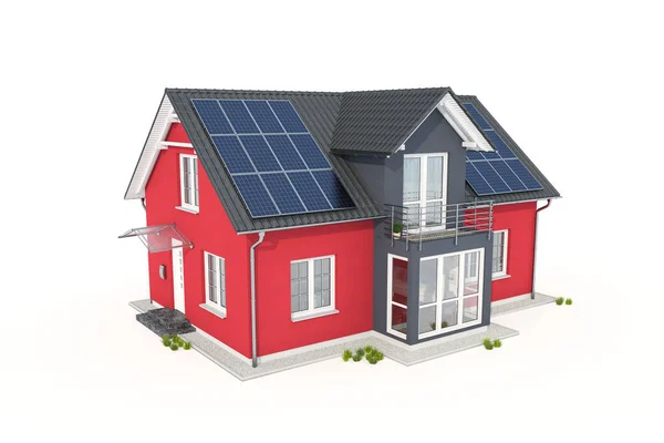 Rendering Eines Roten Hauses Mit Solarmodul Auf Weißem Hintergrund — Stockfoto