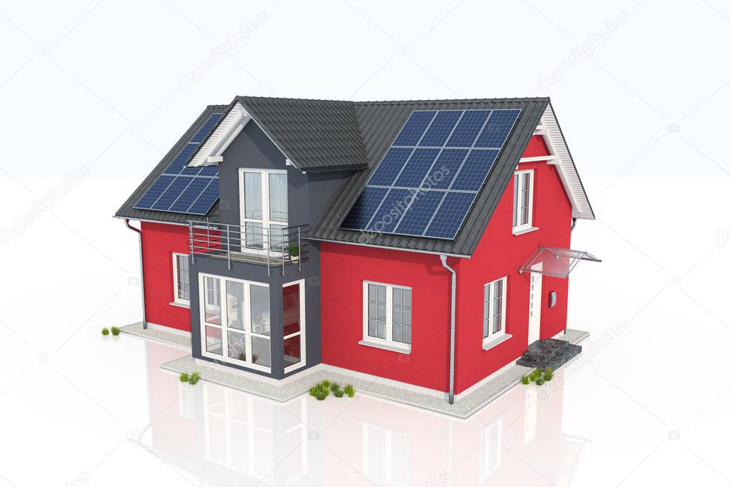 3d render of a red house with solar panel on white reflective background