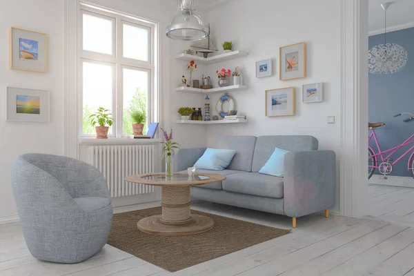 Καθιστούν Μια Σκανδιναβική Σκανδιναβικές Διαμέρισμα Σαλόνι — Φωτογραφία Αρχείου