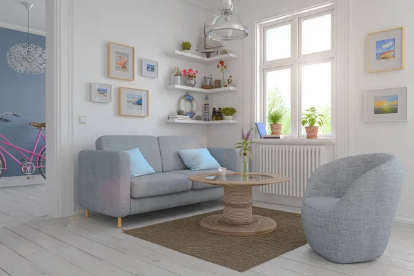 3d render of a Scandinavian, Nordic apartment - living room