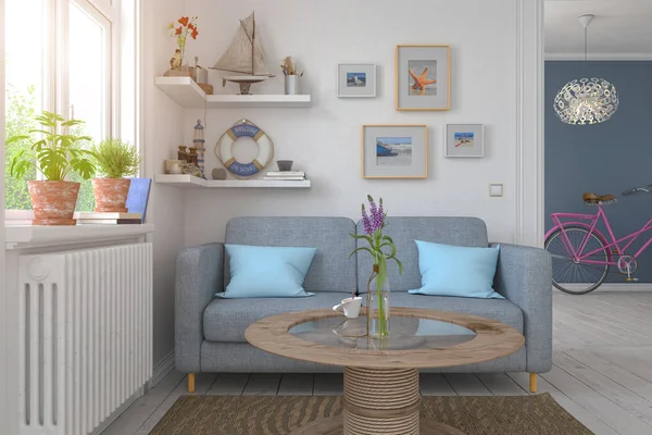 Rendering Dari Skandinavia Nordic Apartemen Ruang Tamu — Stok Foto