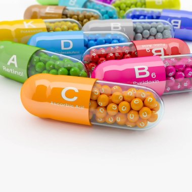 birçok vitamin kapsül 3D render