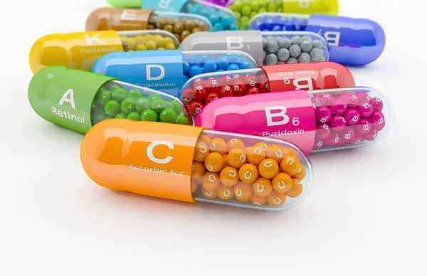 3D rendering van veel vitamine capsule — Stockfoto