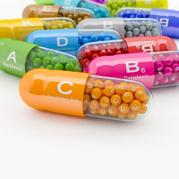 3d representación de muchas cápsulas vitamínicas — Foto de Stock