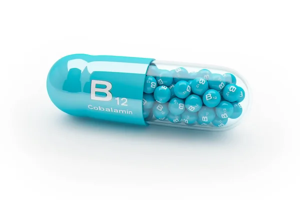 Redare 3D a unei capsule de vitamine cu vitamina B12 - cobalamină — Fotografie, imagine de stoc