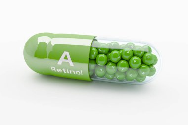 A vitamini ile bir vitamin kapsülü 3D render-retinol