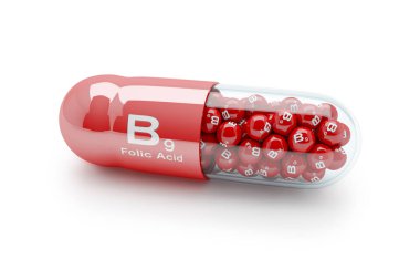 Vitamin B9-folik asit ile bir vitamin kapsülü 3D render