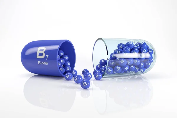 Rendering 3d di una capsula di vitamina con vitamina B7 - biotina — Foto Stock