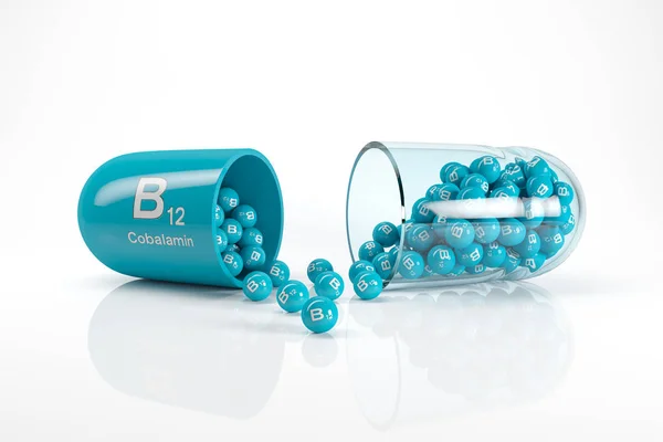 Rendering 3d di una capsula vitaminica con vitamina B12 - Cobalamina — Foto Stock