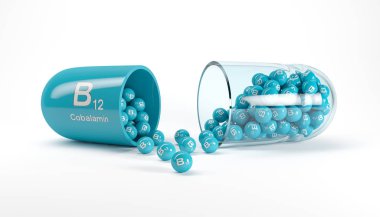 B12 vitamini ile bir vitamin kapsülü 3D render-Kobalamin