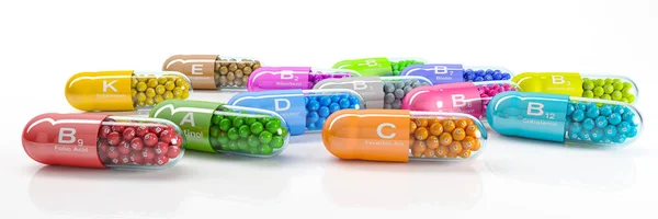 Prostorové vykreslování mnoha vitaminových kapslí — Stock fotografie