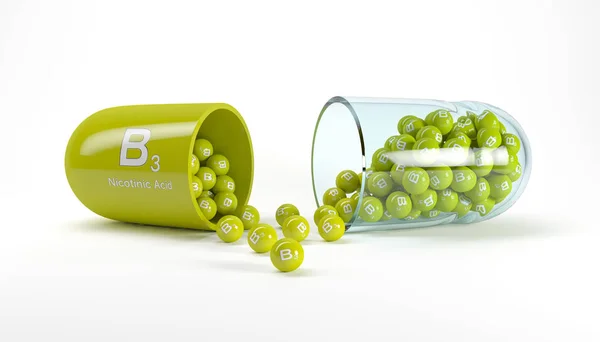 3D rendering van een vitamine capsule met vitamine B3-nicotine AC — Stockfoto