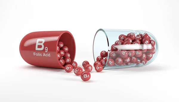 Redare 3D a unei capsule de vitamine cu vitamina B9 - acid folic — Fotografie, imagine de stoc