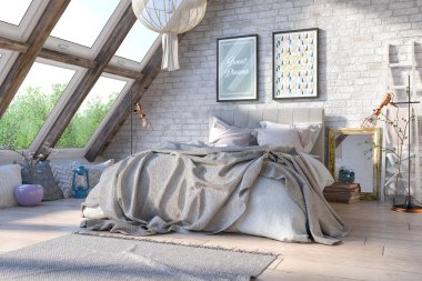 3D render-İskandinav-Nordic yatak odası