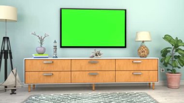 video animasyon - Sideboard ve flatscreen Tv ve deniz dekorasyonu ile Bir İskandinav oturma odası İçişleri - yeşil ekran