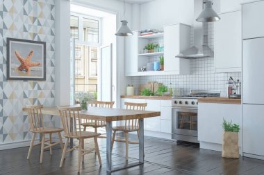 Mutfak ile İskandinav daire 3d render 