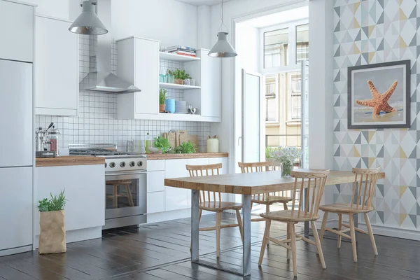 3D teszi a skandináv apartman konyhával — Stock Fotó