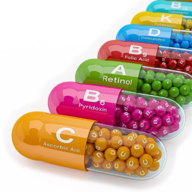 birçok vitamin kapsül 3D render