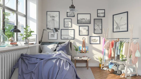 小さなスカンジナビアの寝室の3Dレンダリング — ストック写真
