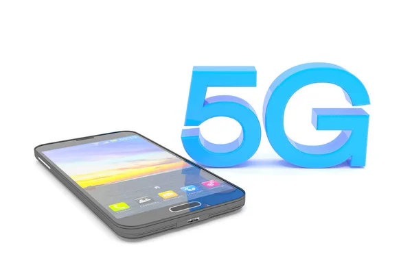 Rendu 3d d'un smartphone avec les lettres majuscules 5G en bleu — Photo