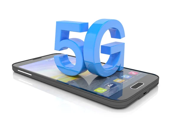 3D renderização de um smartphone com as letras maiúsculas 5G em azul — Fotografia de Stock