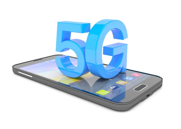 3D representación de un teléfono inteligente con las letras mayúsculas 5G en azul —  Fotos de Stock